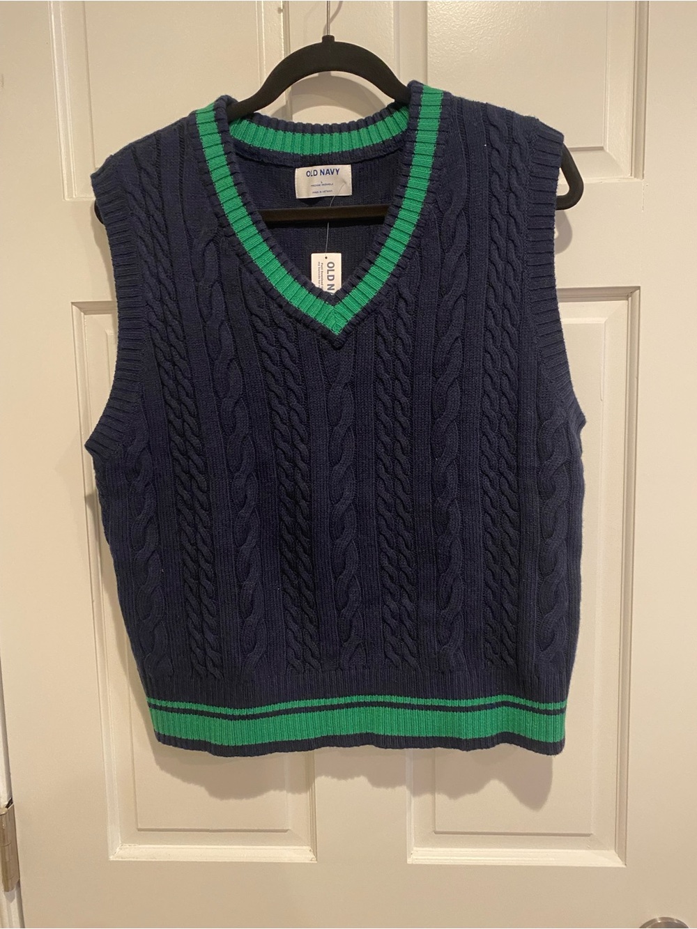 Old Navy Navy Sweater Vest with Green Stripe Trim